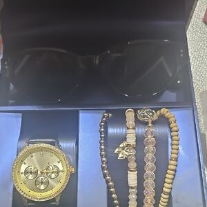 Gold Watch and Black Sunglasses Set